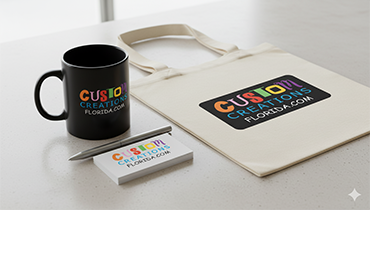A collection of high-quality promotional products like mugs and pens, all featuring a custom logo.